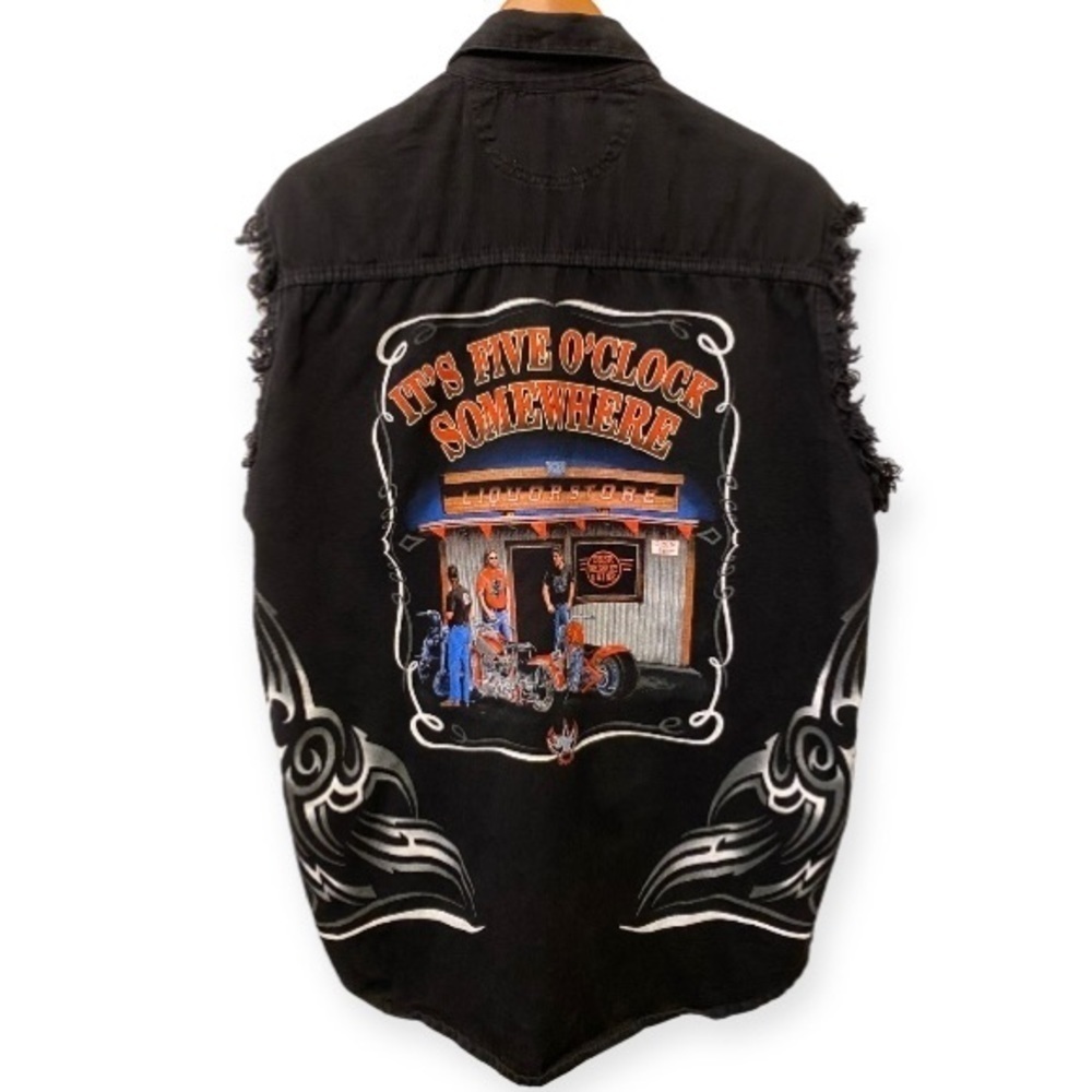 Biker Bar Vest XL Drinking It’s 5:00 Somewhere Frayed Black Lightweight Twill